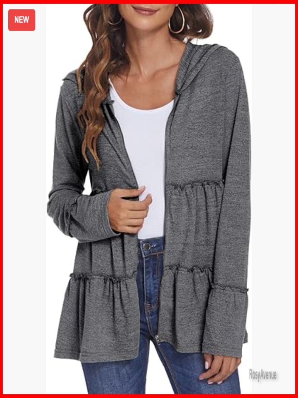 Full Zip Up Hoodie Pleated Tiered Ruffle Sweatshirt Jacket Long Sleeve
